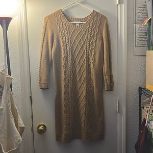 Tan crochet knitting long sleeve sweater dress, knee length